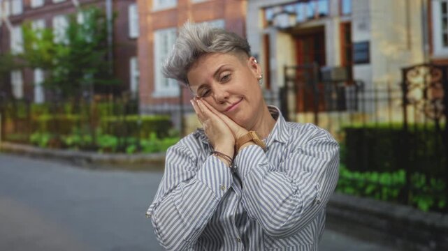 Caucasian woman with short silver hair rests head on her hands against urban street building facade in daylight; relaxation.