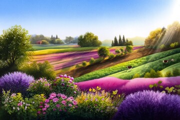 Vibrant Watercolor Landscape of Blooming Crops and Grazing Cows at a Tranquil Farm