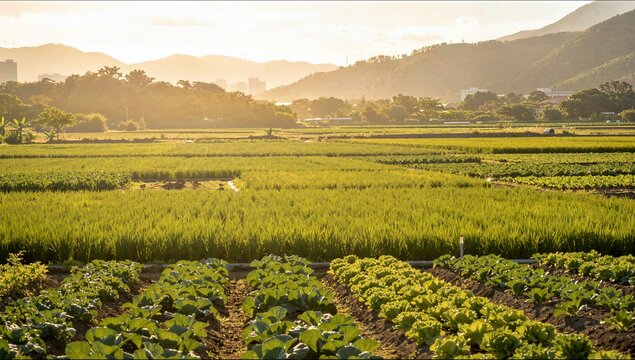 Wide rows of leafy green vegetables grow in a fertile field during the golden sunset with hazy mountains and city buildings far away.