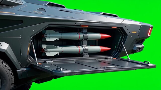 Futuristic Armored Vehicle Opening Missile Compartment on Green Screen