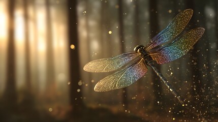 Naklejka premium Enchanting Dragonfly in a Forest - A Symphony of Light and Natures Beauty.