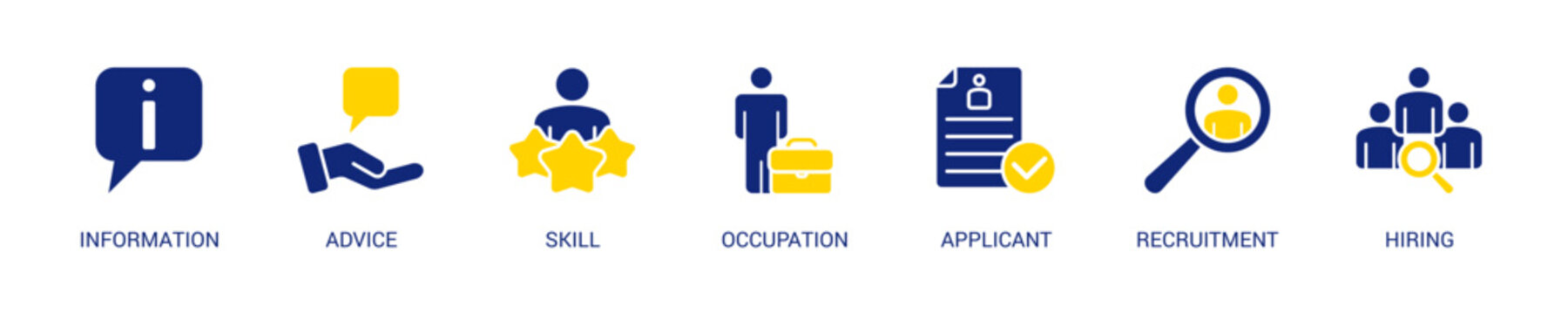 Job Fair Solid Blue Yellow Color Icon Set For Web Banner. Vector Illustration Concept With Some Icons. Designed In Solid Blue Yellow Color Style