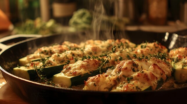 Steaming hot stuffed zucchini boats fresh from the oven.