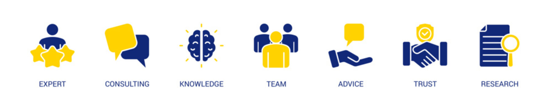 Expertise Solid Blue Yellow Color Icon Set For Web Banner. Vector Illustration Concept With Some Icons. Designed In Solid Blue Yellow Color Style