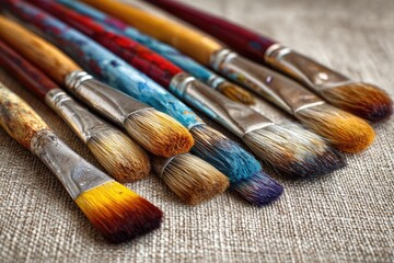 Fototapeta premium Various used paintbrushes on canvas
