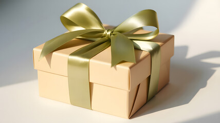 Beautifully wrapped gift box with green ribbon on white surface