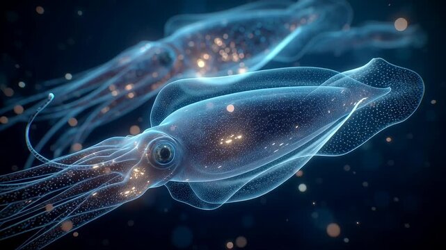 Two glowing transparent squids swim through deep blue water, creating a futuristic underwater scene with bioluminescent detail and smooth ocean motion