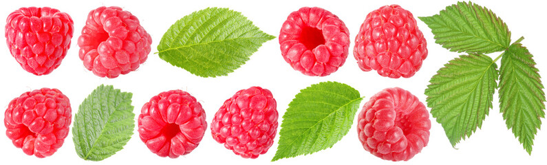 Fresh raspberries and green leaves isolated on white, set