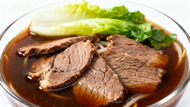 Marketplace photo of rawon in clear bowl, white background, bright studio light