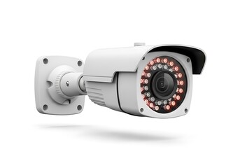 A white security camera with infrared leds mounted on a wall bracket.