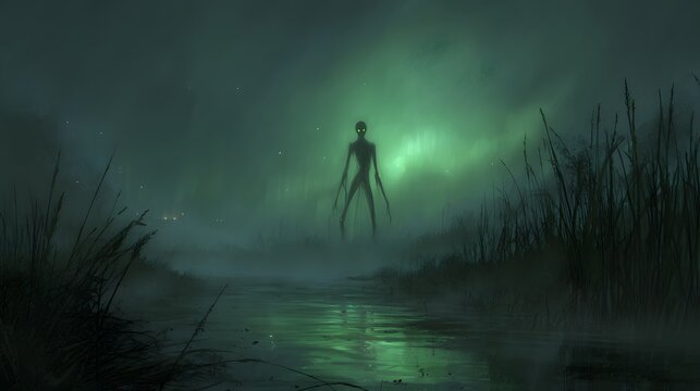 Mysterious Figure in a Foggy Swamp at Night.