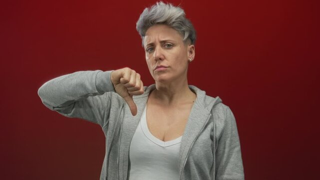 Woman with short silver hair in grey hoodie showing thumb down gesture in red studio; rejection frustration.