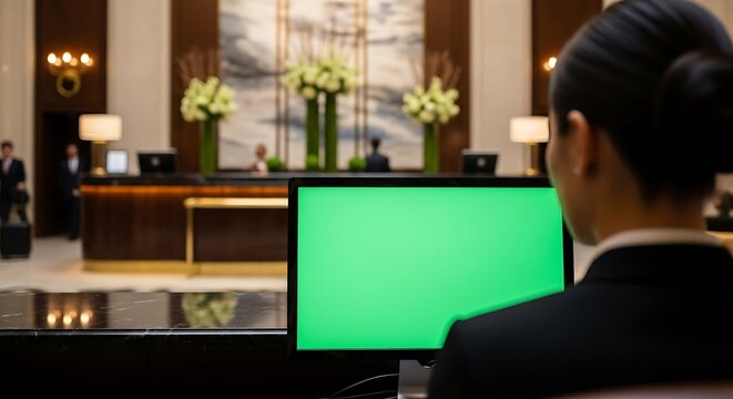 Hotel receptionist using a green screen computer monitor at the front desk.