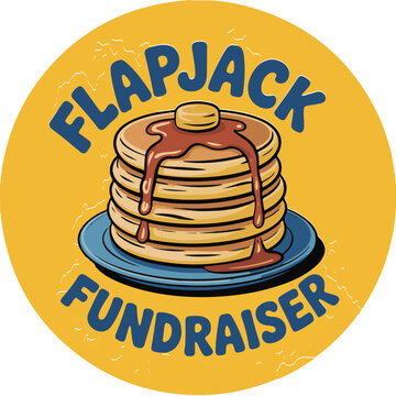 Flapjack fundraiser cartoon logo with stacked pancakes on plate and text