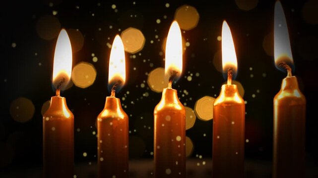 Five candles lighting one by one from heat of adjacent flames, flickering to illuminate bokeh
