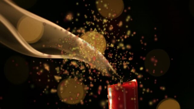 Flame tilting and collapsing, candle emitting smoke ribbon and scattering sparks to showcase motion