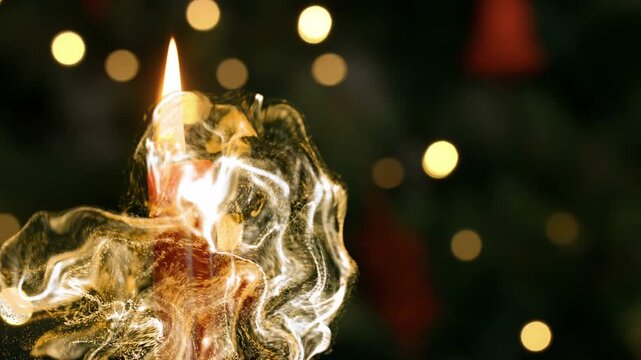 Red pillar candle flame emitting golden smoke ribbons swirling leftward, enhancing warm bokeh