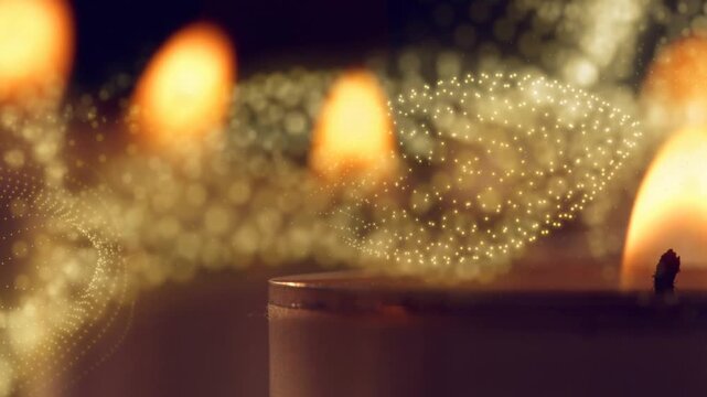 Particle ribbon appearing left, sweeping over tealight flickering flame lifting smoke for calm mood