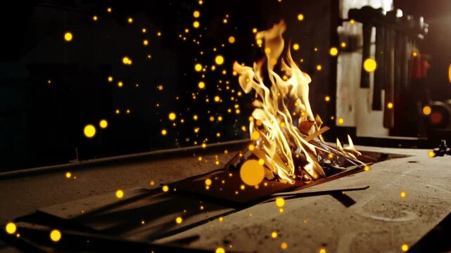 Spark igniting smoldering paper, flame growing, embers drifting, showing fire spread on workbench