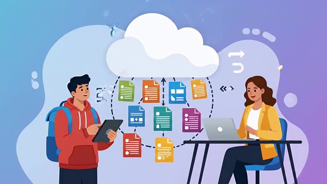 Man and woman collaborating with cloud computing technology