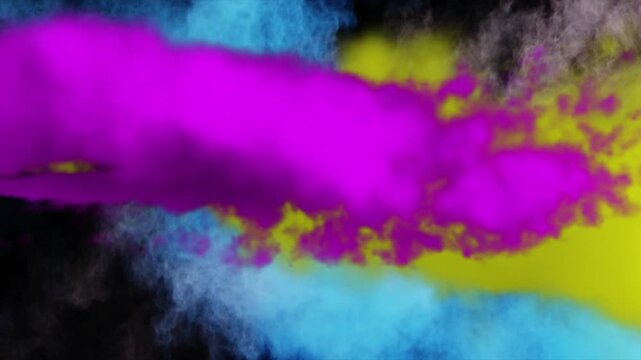 Yellow starting magenta entering cyan joining plumes sweeping left curling rising showing color mix