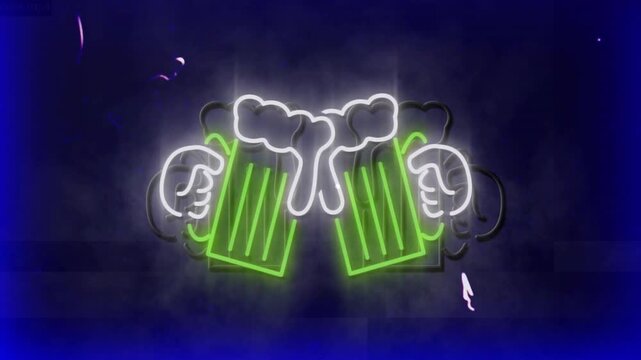 Two neon beer mugs lighting up from faint outline, tilting and clinking to evoke bar sign