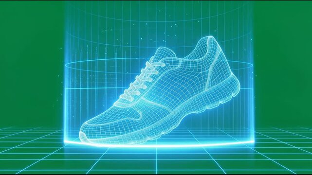 Futuristic 3D Hologram Sneaker Scanning on Digital Green Background
