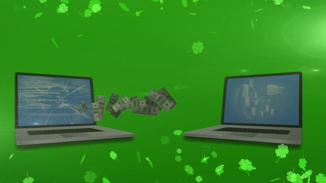 Left laptop pausing then emitting banknotes into wave, flowing into right laptop, showing transfer