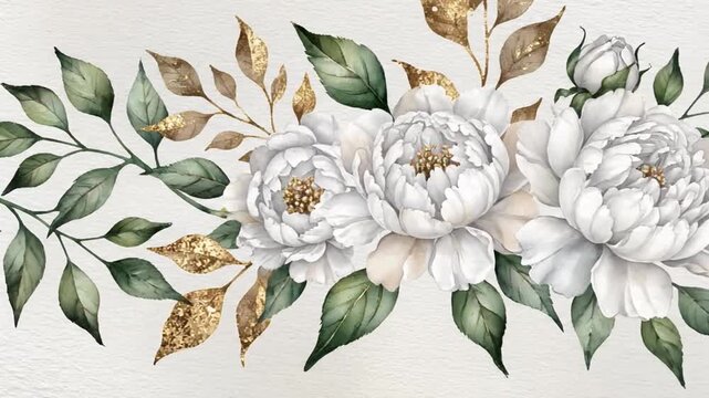 floral watercolor design, white peonies, gold leaves, elegant background