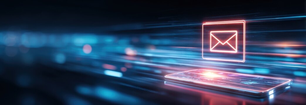Red glowing email icon above smartphone with dynamic blue and orange light effects, representing digital communication and mobile office concept.