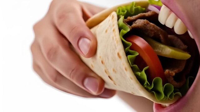 Hand holding a delicious doner kebab wrap filled with fresh ingredients and meat, video 4k