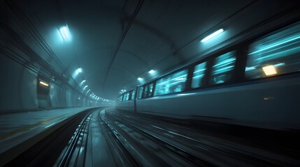 Fototapeta premium Dynamic Train Journey Through a Dark and Mysterious Underground Tunnel with Lights.