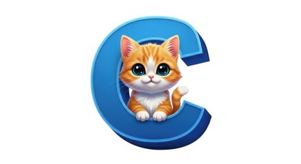 Obraz premium Cute orange kitten inside a playful blue letter c logo vector illustration