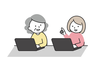 パソコン操作を学ぶシニアの女性と若い女性　パソコン講座で勉強する多世代の日本人イラスト