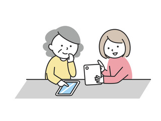 タブレット操作を学ぶシニアの女性と若い女性　デジタルワークショップに参加する多世代の日本人イラスト