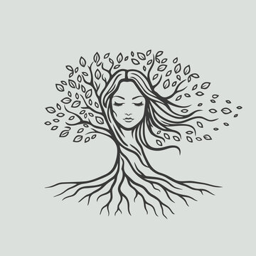 Tree woman with long hair logo