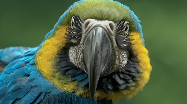 Close-up of a striking blue and yellow macaw parrot looking directly at the camera