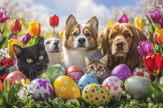 A group of playful dogs and a curious cat enjoy a sunny Easter day among colorful eggs and tulips in a vibrant spring garden.