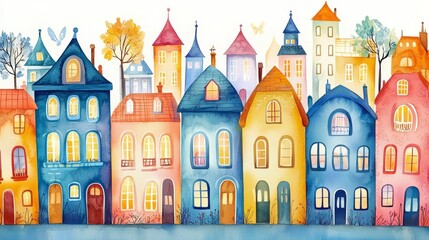 Fototapeta premium A Charming Row of Watercolor Houses for Kids