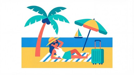 Vector illustration of a woman relaxing on a tropical beach vacation with a palm tree.