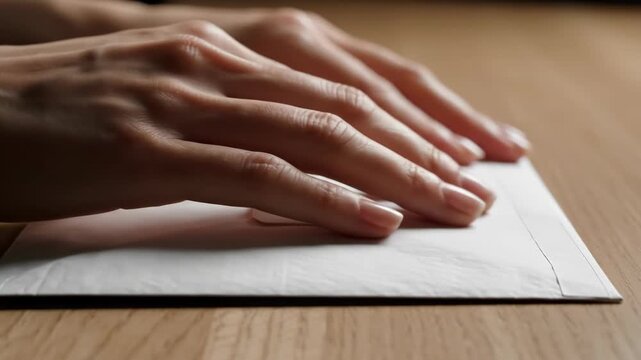 Hand sealing an envelope. A close-up view of fingers sealing an envelope by pressing along the adhesive flap, emphasizing care and texture.