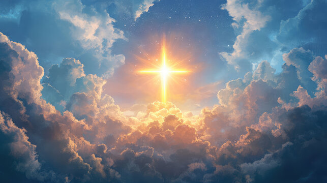 Bright cross in the sky spiritual theme easter meaning hope in jesus christian beliefs faith and salvation heaven s entrance soul s eternal life. Eternal Sky. Illustration