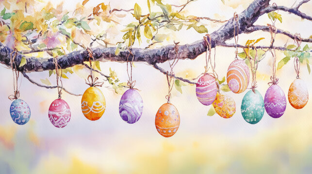 Enchanting tree branch adorned with hanging colorful easter eggs in serene watercolor painting