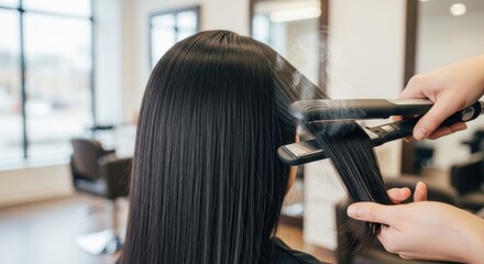 Hairdresser straightening woman's hair in salon, closeup