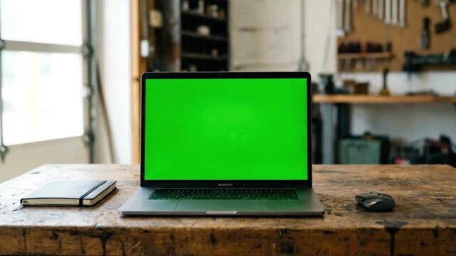 Laptop with green screen chroma key on wooden workbench in workshop garage