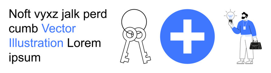 Obraz premium Business strategy, healthcare, problem-solving, innovation, security, teamwork. Iconic keys, blue medical cross and professional man with lightbulb. Business strategy and healthcare symbol concepts