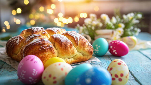 traditional greek easter bread tsoureki,colorful eggs on a festive spring table,stock photo