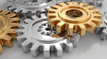 Metallic gears interlock on white