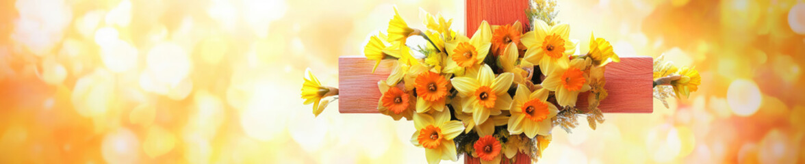 Fototapeta premium Colorful daffodil Easter cross with sunshine yellow and orange hues, easter wreath, daffodils, sunflowers