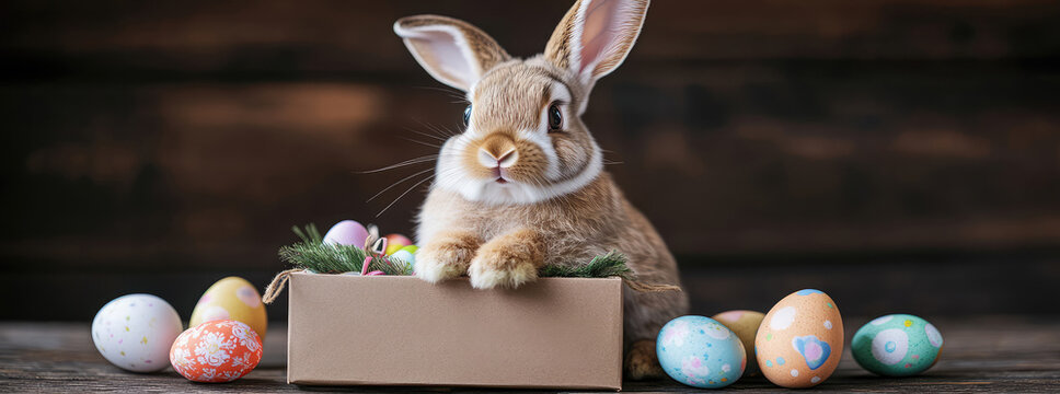 Cute bunny in a gift box with Easter eggs